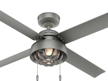 Hunter Fans 52  Spring Mill Indoor Outdoor Industrial Cage Style Ceiling Fan with Edison LED Light & Pull Chain, Matte Silver Hot on Sale