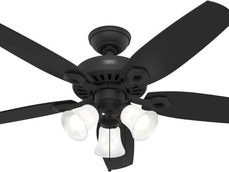 Hunter Fans 52  Builder Plus Traditional Style Ceiling Fan, Three LED Lights, Pull Chain Control, Matte Black Online Hot Sale